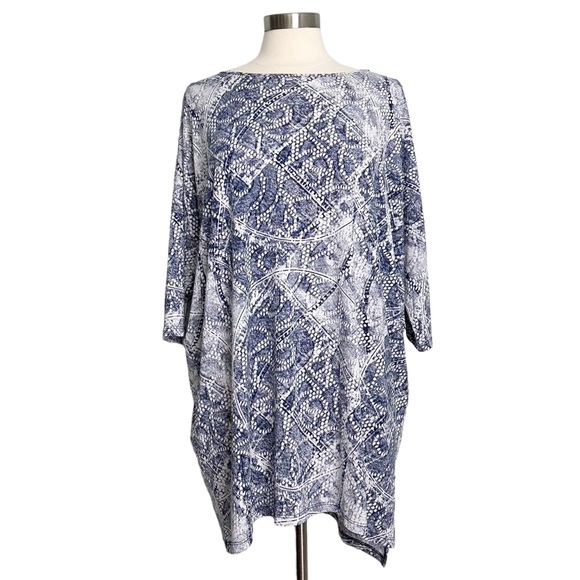 Clara Sun Woo Abstract Navy White Asymmetrical Hem Lagenlook Tunic Size L - Picture 2 of 10